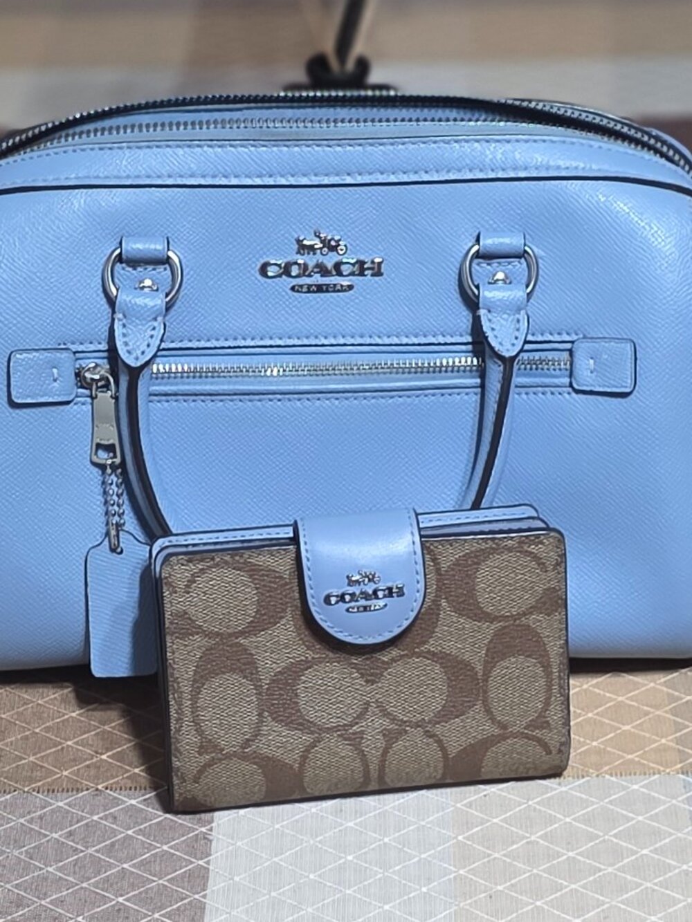 Coach Ice Blue Crossgrain Leather Double Zip Satchel & Matching Wallet Set